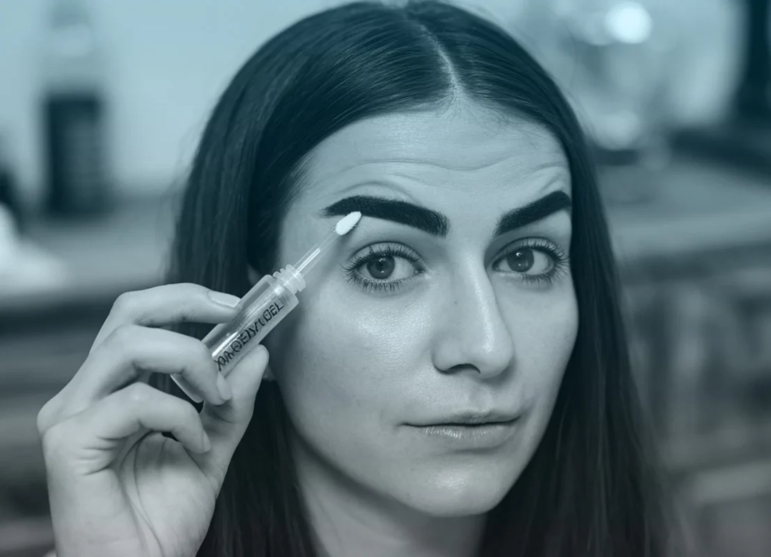 خانمی در حال استفاده از ژل ابرو برای حالت دهی و تثبیت ابروهای خود.