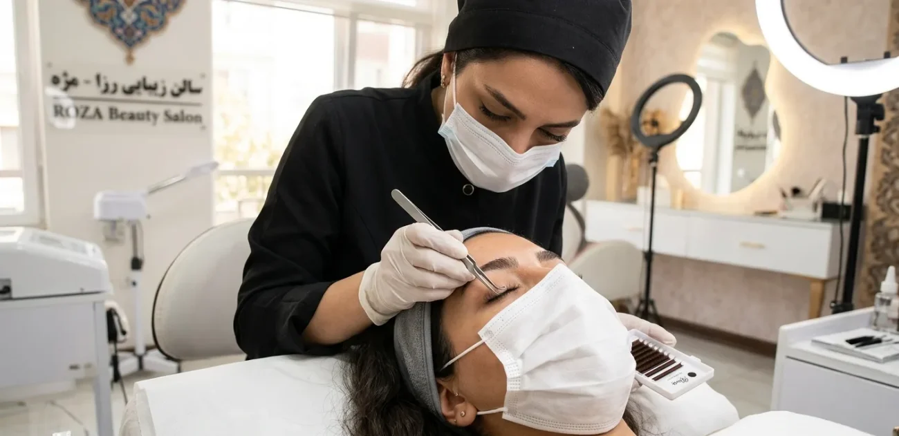 متخصص کاشت مژه در مشهد در حال کار روی مشتری