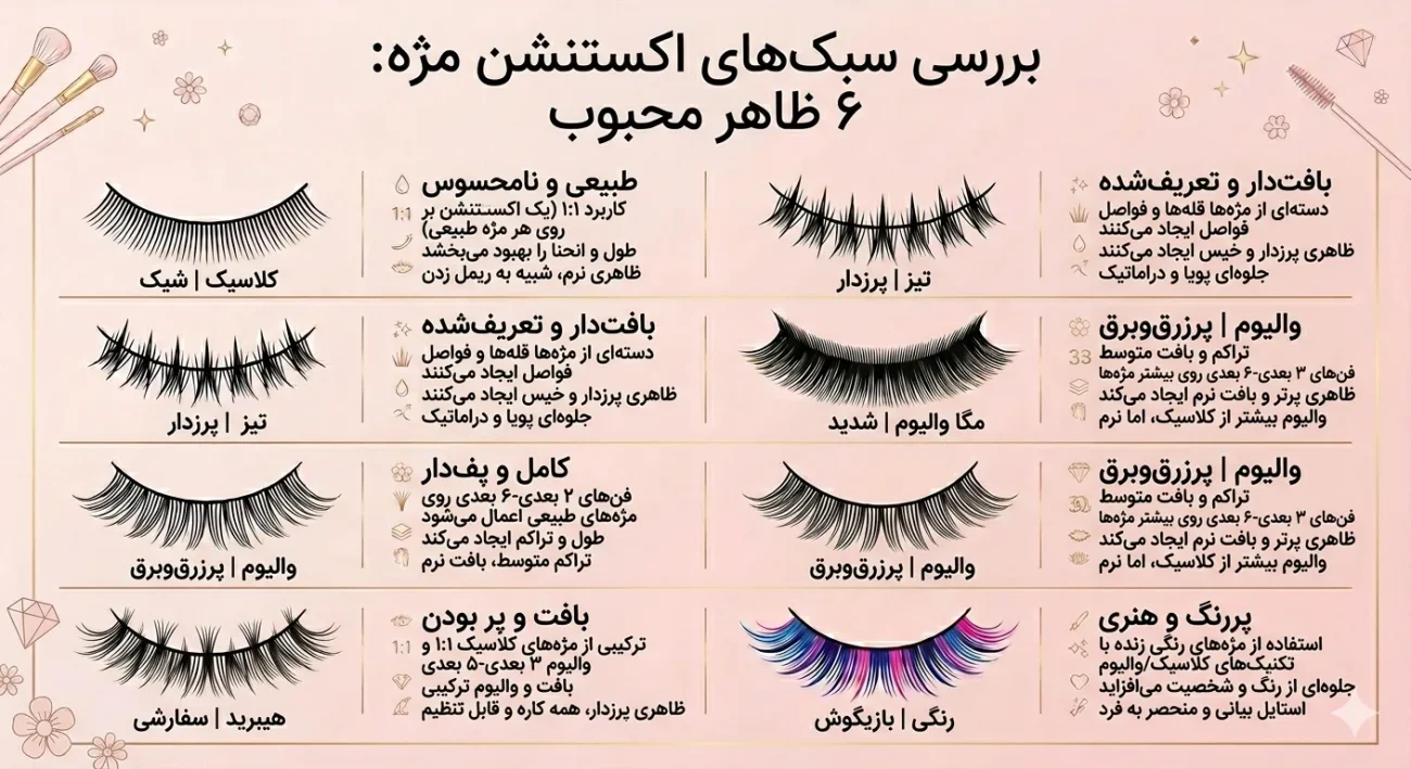 مقایسه انواع مدل اکستنشن مژه عروسکی از کلاسیک تا مگاوالیوم